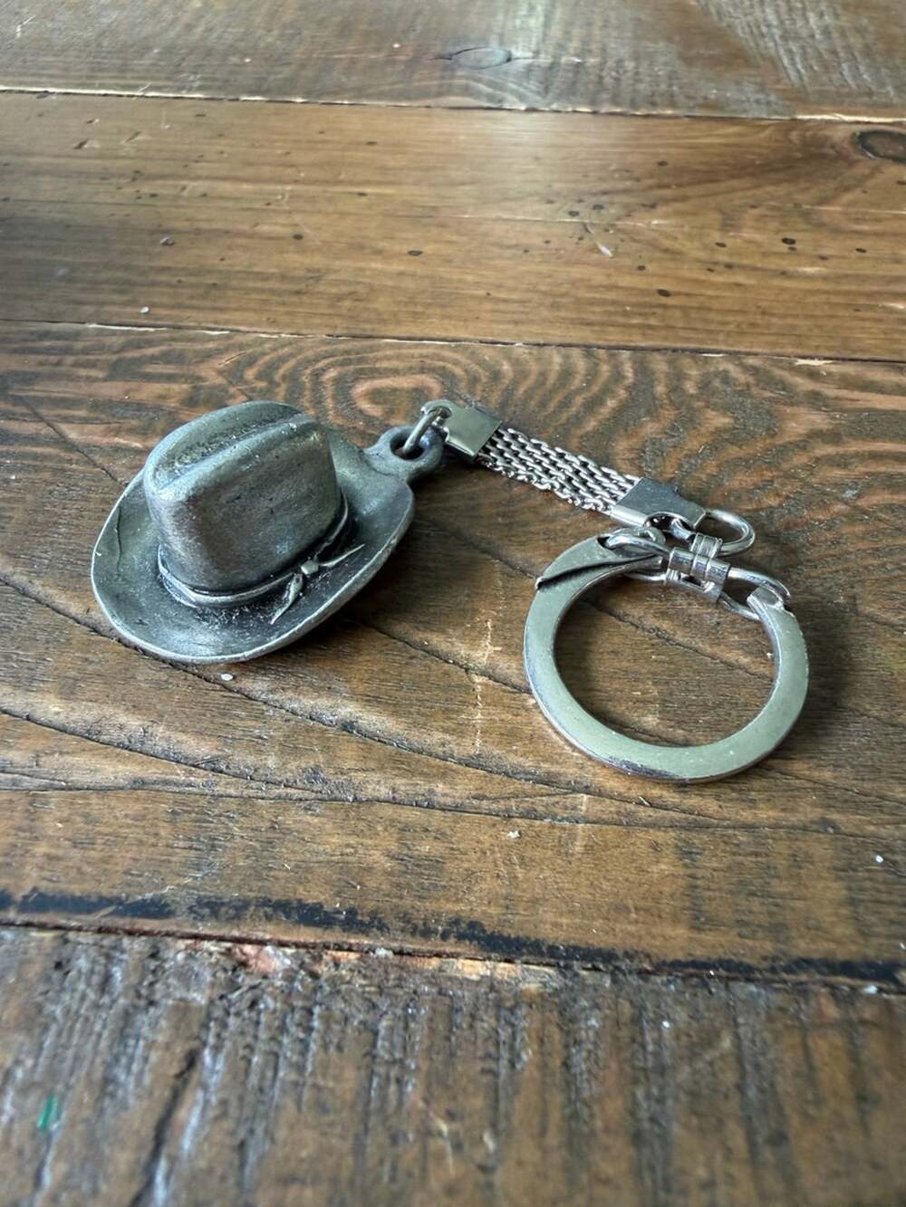 Vintage Pewter Cowboy Hat Keychain with Mesh Chain